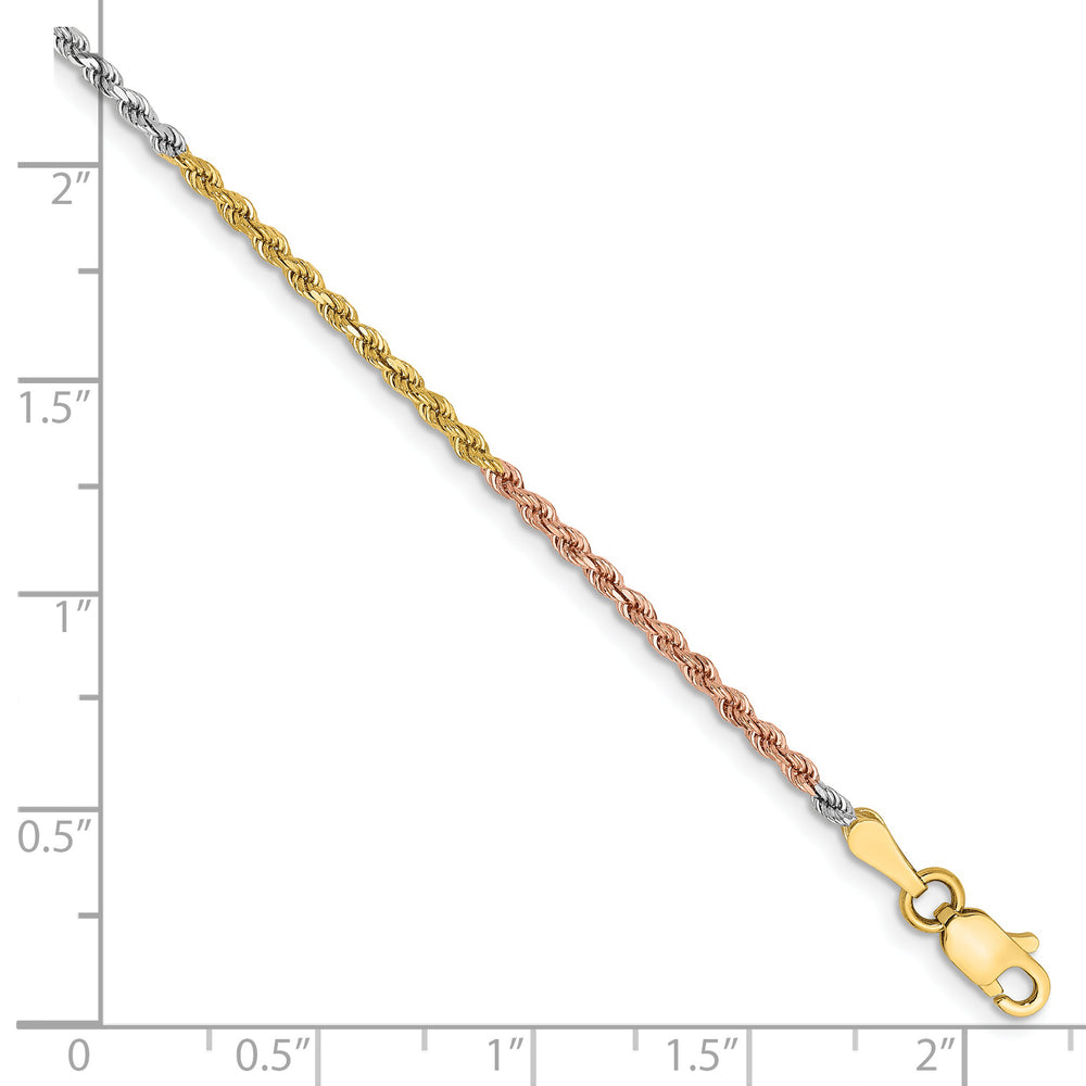 Tobillera de Cadena de Cuerda con Corte Diamante de 14k en Oro Tricolor de 1.75 mm