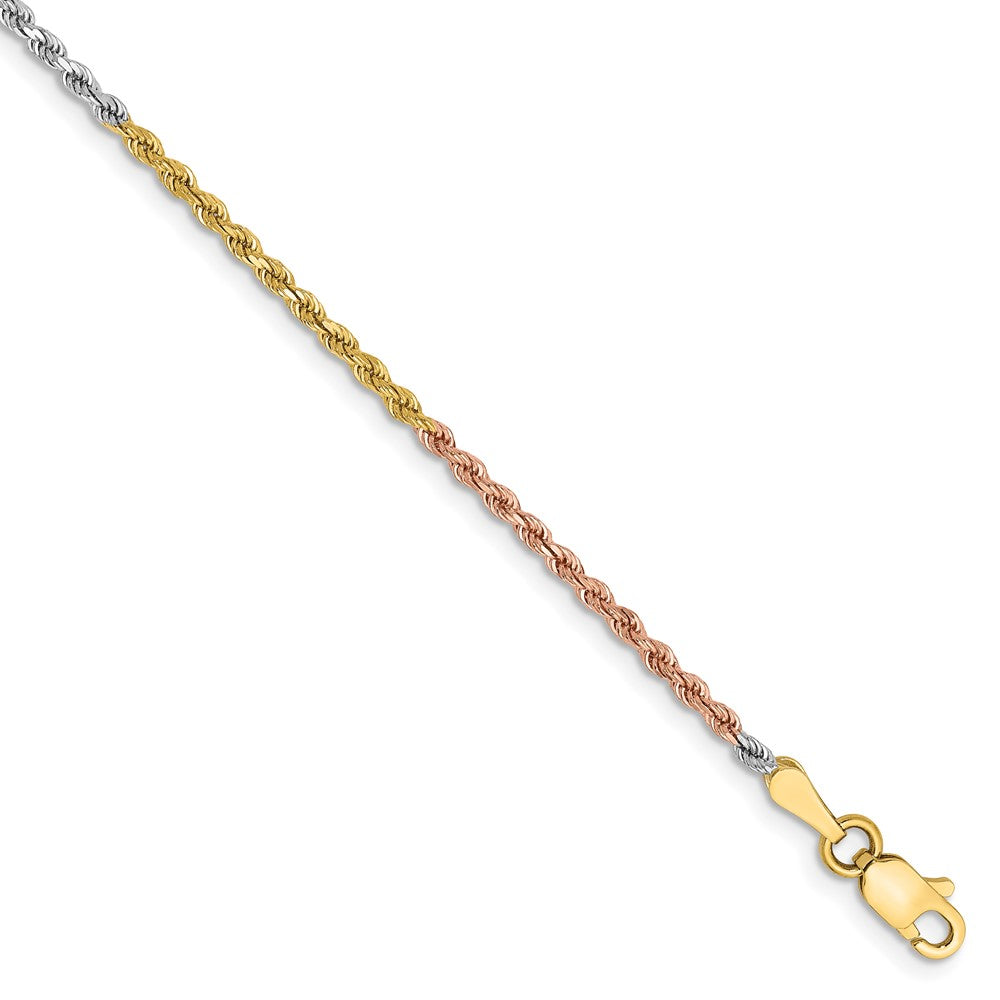 Tobillera de Cadena de Cuerda con Corte Diamante de 14k en Oro Tricolor de 1.75 mm