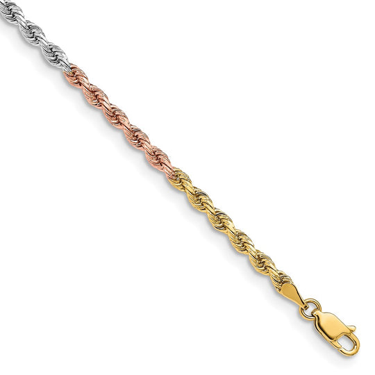 Pulsera de cuerda D/C tricolor de 14 k y 3 mm