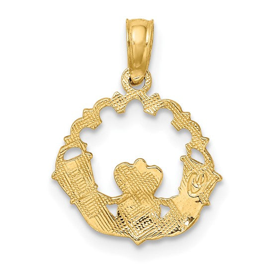 Dije Claddagh Grabado en Círculo Escallopado en Oro Amarillo de 10K