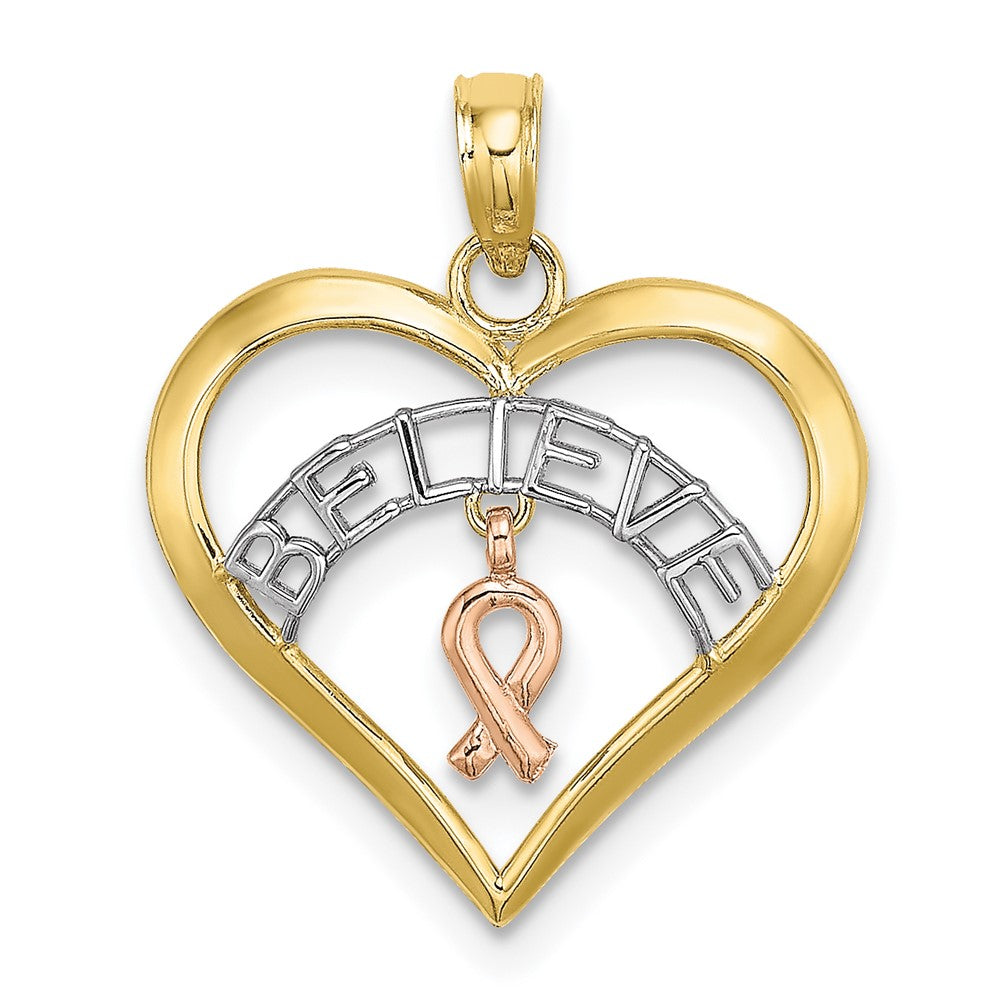 Colgante "BELIEVE" en Corazón con Cinta de Cáncer de Mama en Oro Bicolor de 10k con Rodio Blanco