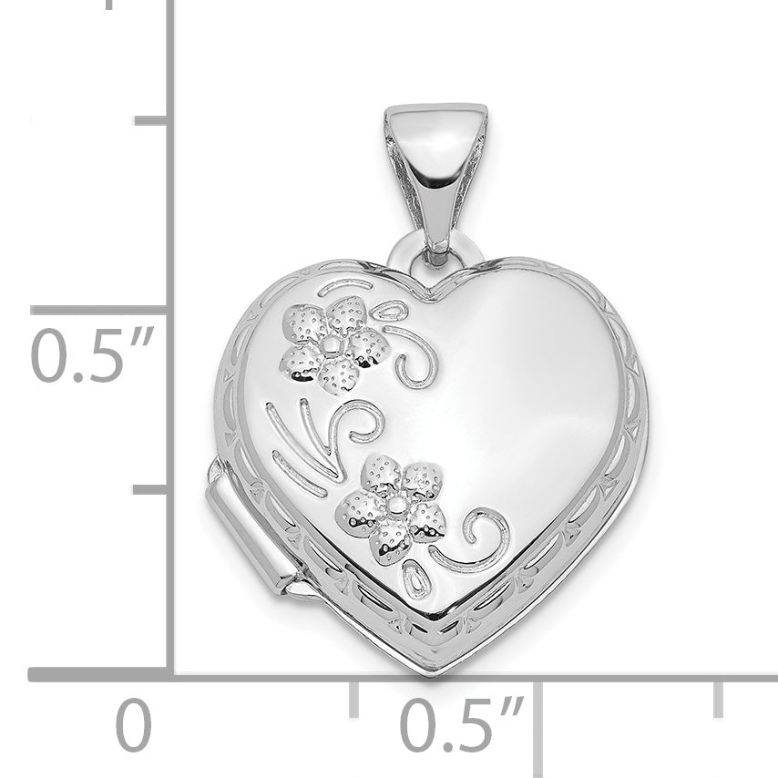 Locket de Corazón Floral Reversible en Oro Blanco Pulido de 10k