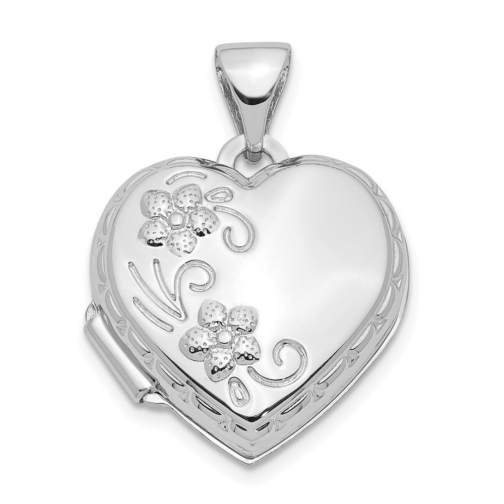 Locket de Corazón Floral Reversible en Oro Blanco Pulido de 10k