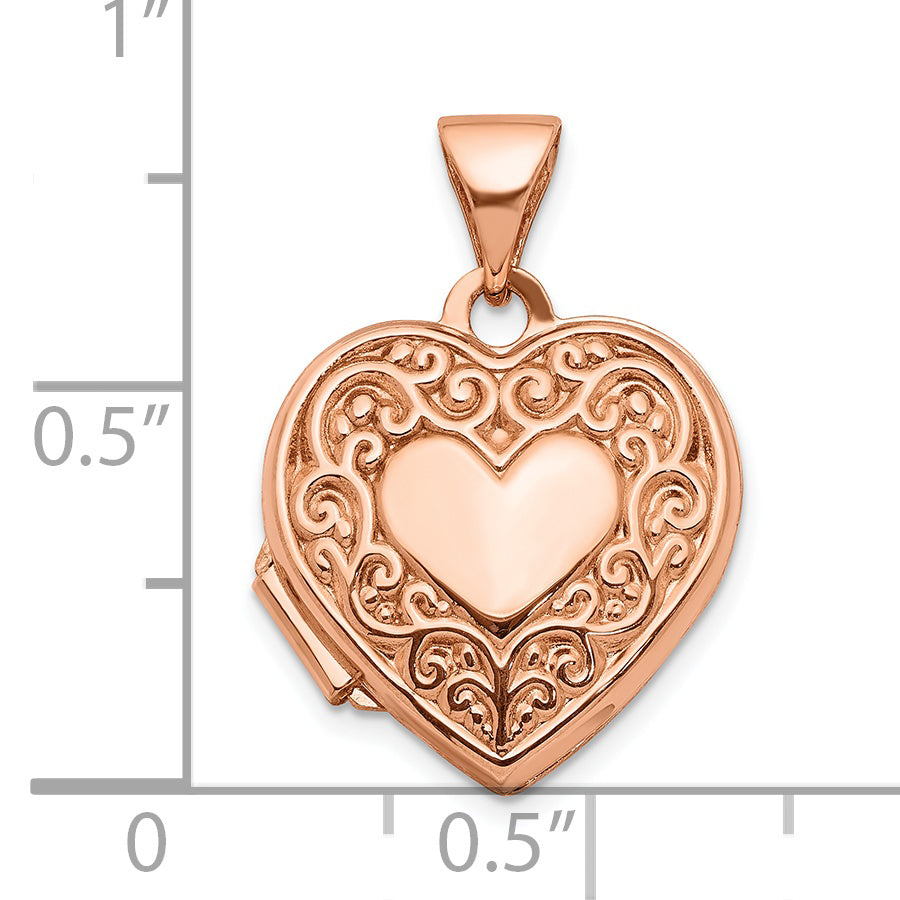 10k Oro Rosa Locket de Corazón con Diseño de Pergamino de 15 mm