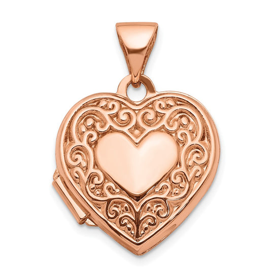 10k Oro Rosa Locket de Corazón con Diseño de Pergamino de 15 mm