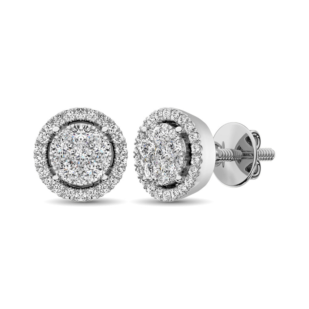 Oro blanco de 14 quilates de 1/2 qt.Tw. Aretes con forma de flor de diamantes