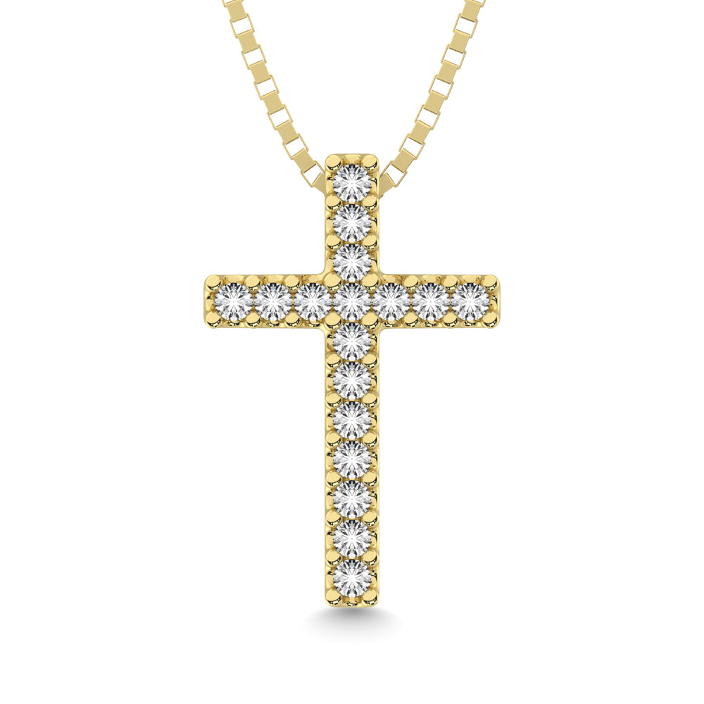 Colgante cl‚àö¬∞sico con cruz de diamantes de 1/10 qt. total Oro amarillo de 10 quilates.