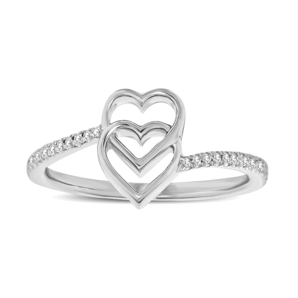 Anillo con Diamantes de 1/10 qt y Doble Coraz√≥n en Oro Blanco de 10k