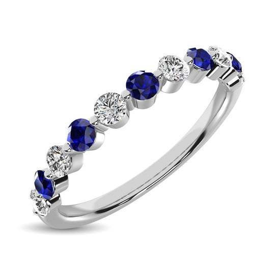 Diamante 1/2 Ct.Tw. Y banda apilada de zafiro azul en oro blanco de 14 k (6 diamantes y 5 zafiros azules)