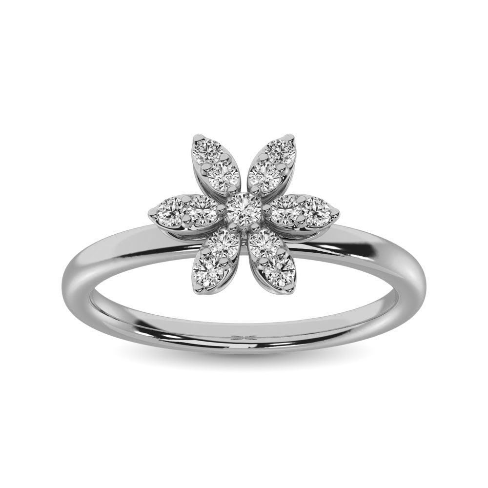 Anillo de Flor con Diamante de 1/4 qt en Oro Blanco de 10k