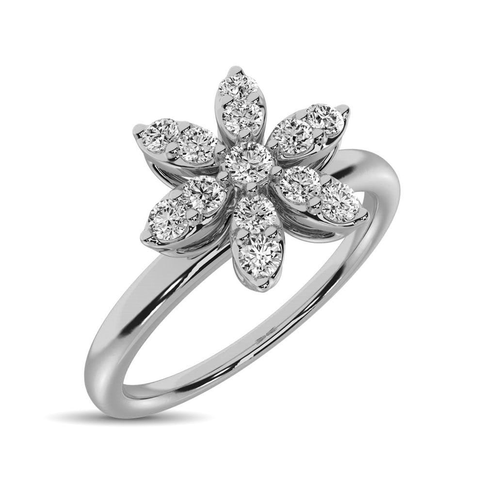 Anillo de Flor con Diamante de 1/4 qt en Oro Blanco de 10k