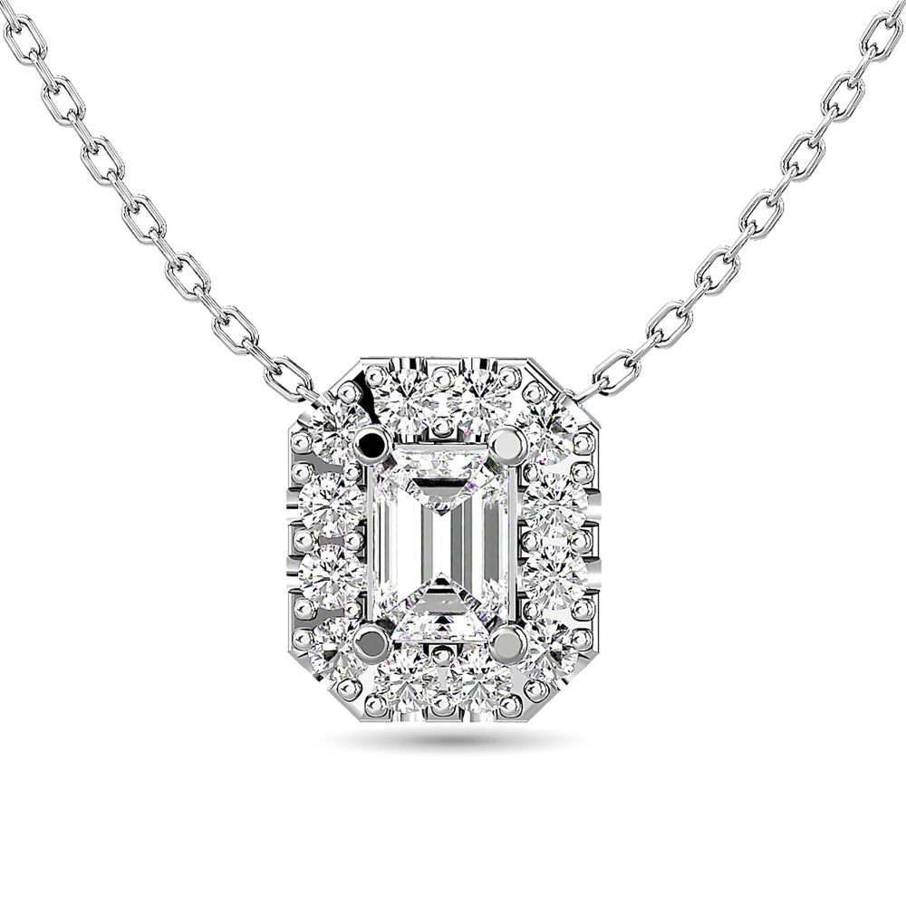 Colgante con halo ‚àö‚à´nico de diamantes de talla esmeralda de 1/4 qt de peso total en oro blanco de 14 k