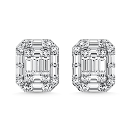 Diamante 3/8 Ct.Tw. Aretes de moda redondos y baguette en oro blanco de 14 k