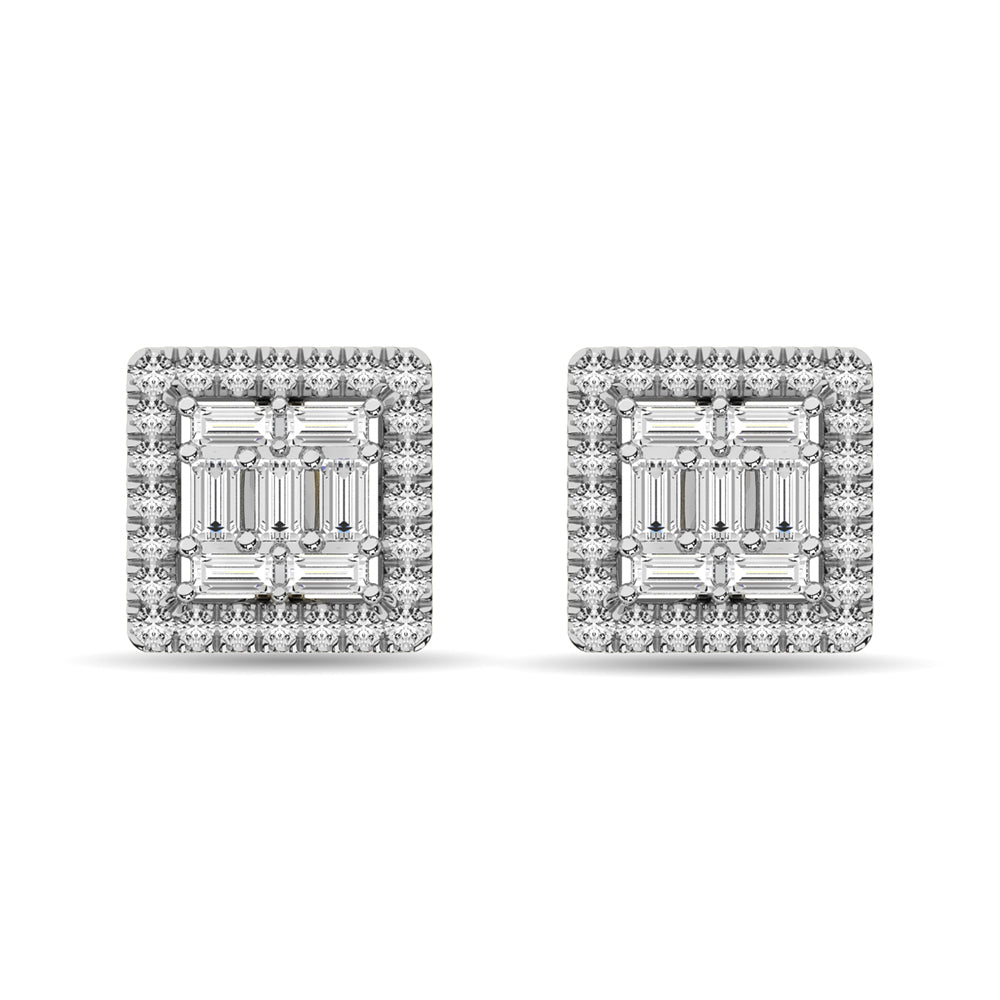 Diamante 1/3 Ct.Tw. Aretes de moda redondos y baguette en oro blanco de 14 k