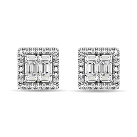 Diamante 1/3 Ct.Tw. Aretes de moda redondos y baguette en oro blanco de 14 k