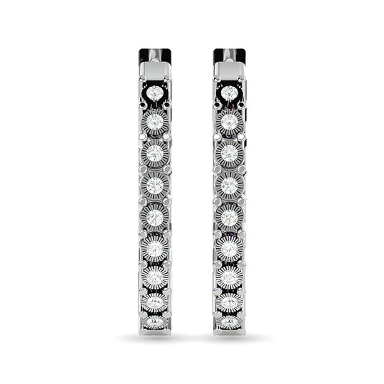 Aretes Tipo Argolla con Diamantes de 1/8 qt en total en Plata de Ley