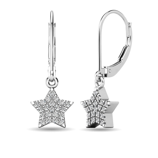 Aretes Colgantes de Estrella con Diamantes de 1/8 qt total en Oro Blanco de 10k