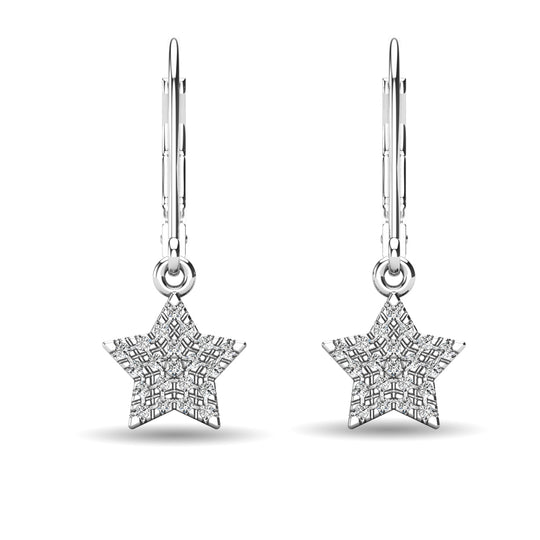 Aretes Colgantes de Estrella con Diamantes de 1/8 qt total en Oro Blanco de 10k