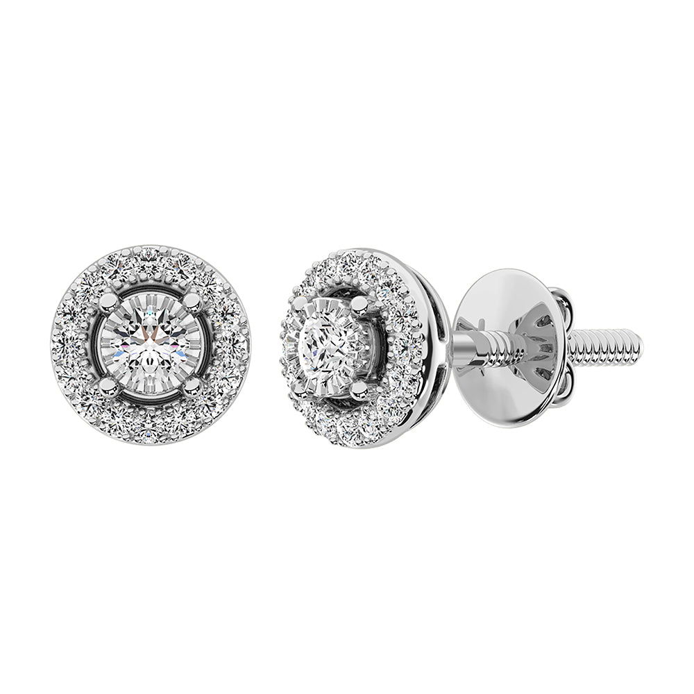 Oro blanco de 10 quilates de 1/6 quilates total. Pendientes con halo de diamantes