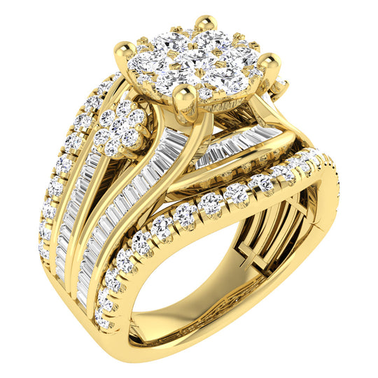 Diamante de 2 qt.Tw. Anillo de compromiso en racimo en oro amarillo de 14 k