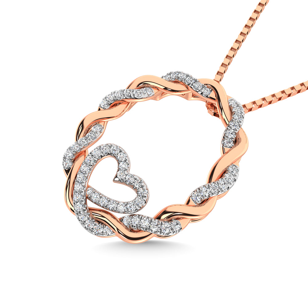 Diamante en oro rosa de 14 quilates de 1/4 qt. total Colgante de moda con c‚àö‚â†rculo y coraz‚àö‚â•n