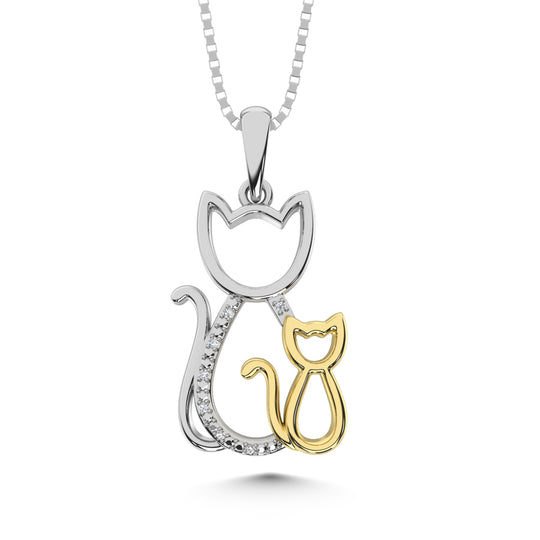 Colgante de gato y gatito con detalles de diamantes en plata de ley y oro amarillo de 10 quilates