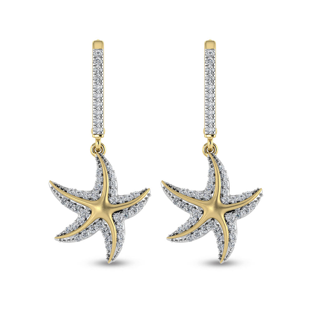 Diamante en oro amarillo de 14 quilates de 3/8 quilates total. Pendientes colgantes de estrella de mar