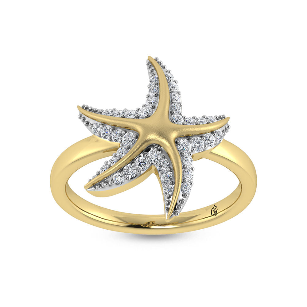 Diamante de oro amarillo de 14 quilates de 1/4 qt. total Anillo de estrella de mar