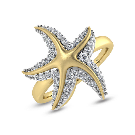 Diamante de oro amarillo de 14 quilates de 1/4 qt. total Anillo de estrella de mar