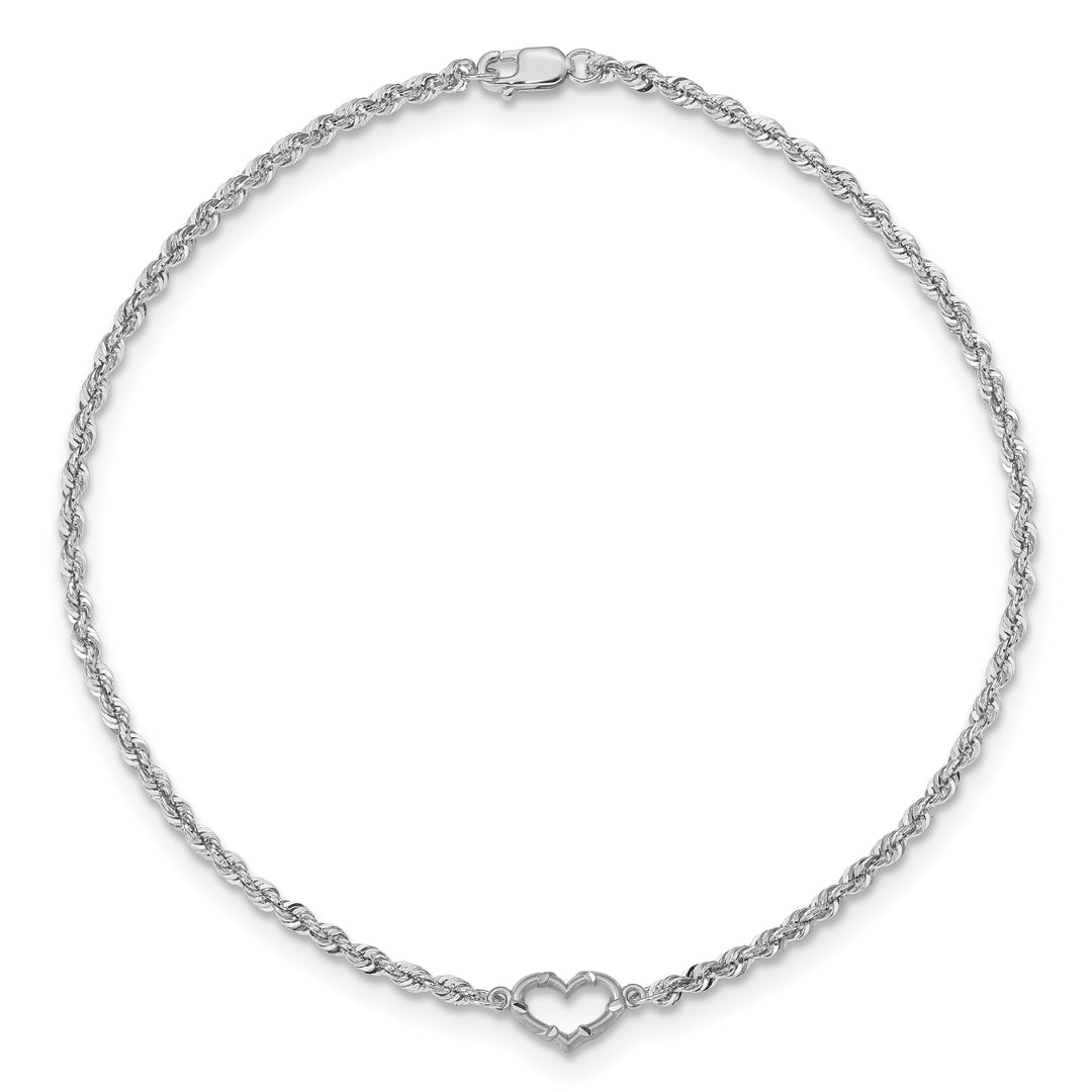 Tobillera de Oro Blanco de 14k con Cuerda de Talla Diamante y Corazón de 10 Pulgadas