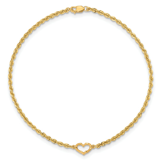 Tobillera de Cuerda con Corazón Abierto con Talla Diamante de 14k