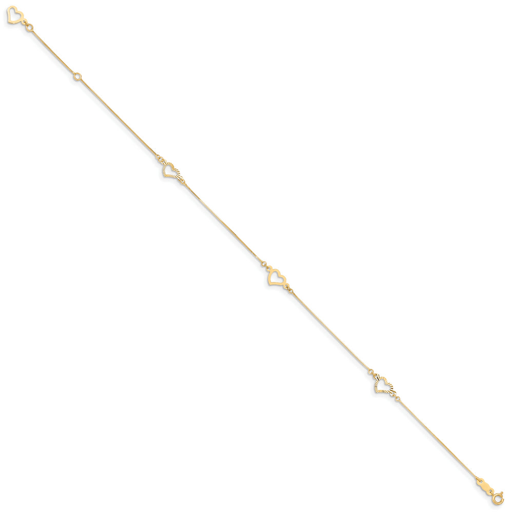 Corazón elegante ajustable de 14K de 9 pulgadas más extensión de 1 pulgada. TOBILLERA