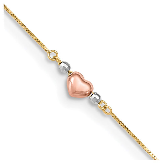 Tobillera con Corazón Inflado en Oro Tricolor de 14k y 9 pulgadas más 1 pulgada de Extensión