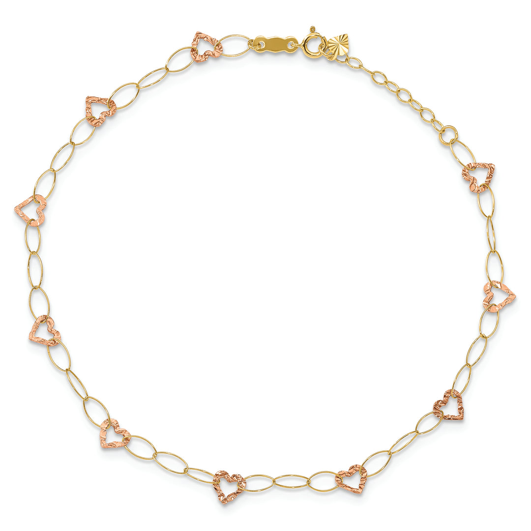 Tobillera con Forma de Corazón Ajustable en Oro Bicolor de 14k de 9 Pulgadas más Extensión de 1 pulgada