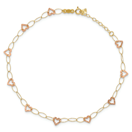 Tobillera con Forma de Corazón Ajustable en Oro Bicolor de 14k de 9 Pulgadas más Extensión de 1 pulgada