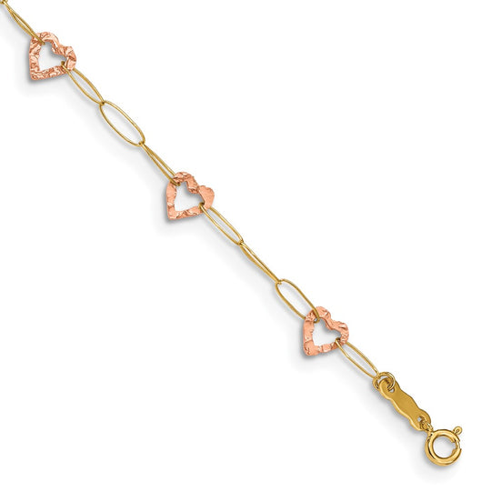 Tobillera con Forma de Corazón Ajustable en Oro Bicolor de 14k de 9 Pulgadas más Extensión de 1 pulgada