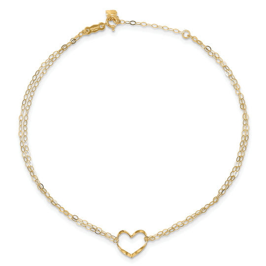 Tobillera con Forma de Corazón de Doble Hebra de 14k de 9 Pulgadas con Extensión de 1 pulgada