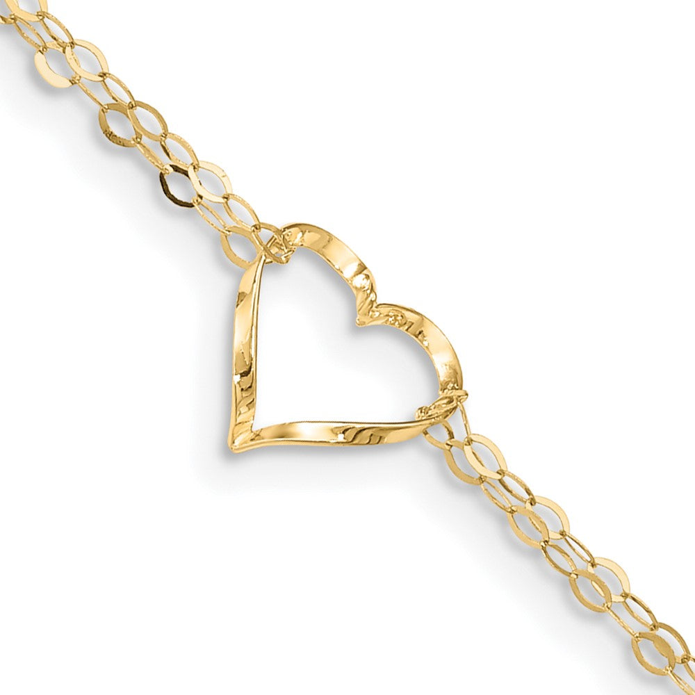 Tobillera con Forma de Corazón de Doble Hebra de 14k de 9 Pulgadas con Extensión de 1 pulgada