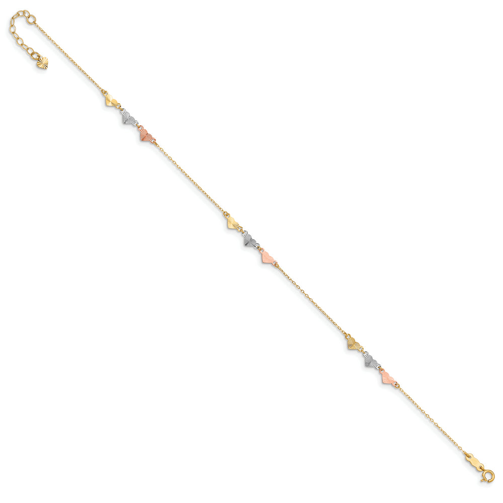 Tobillera con Corazones de Talla Diamante en Oro Tricolor de 14k y 9 pulgadas más 1 pulgada de Extensión