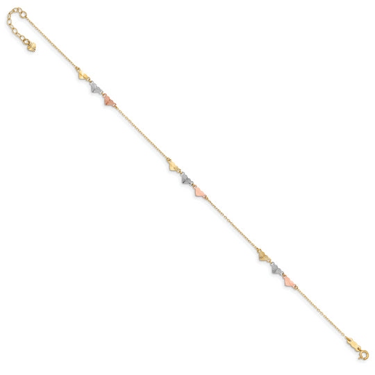 Tobillera con Corazones de Talla Diamante en Oro Tricolor de 14k y 9 pulgadas más 1 pulgada de Extensión