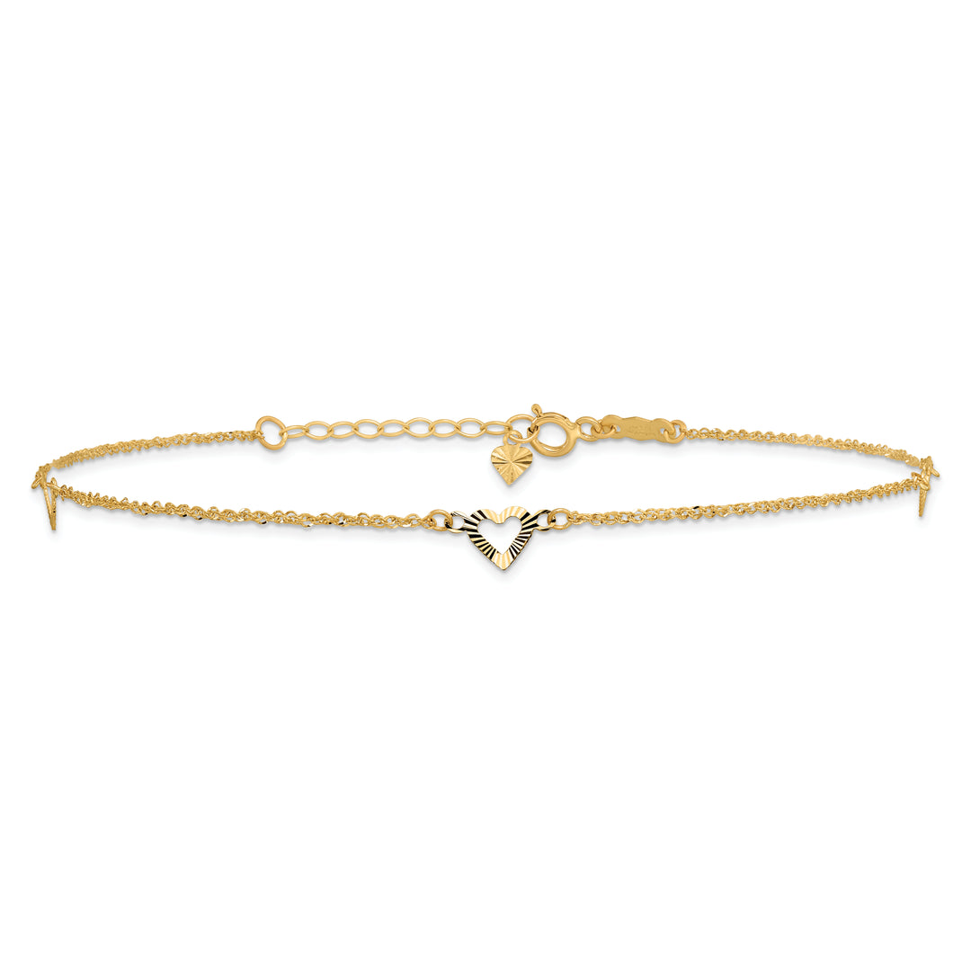 Tobillera con Corazones de Talla Diamante en Oro de 14k y 10 pulgadas más 1 pulgada de Extensión