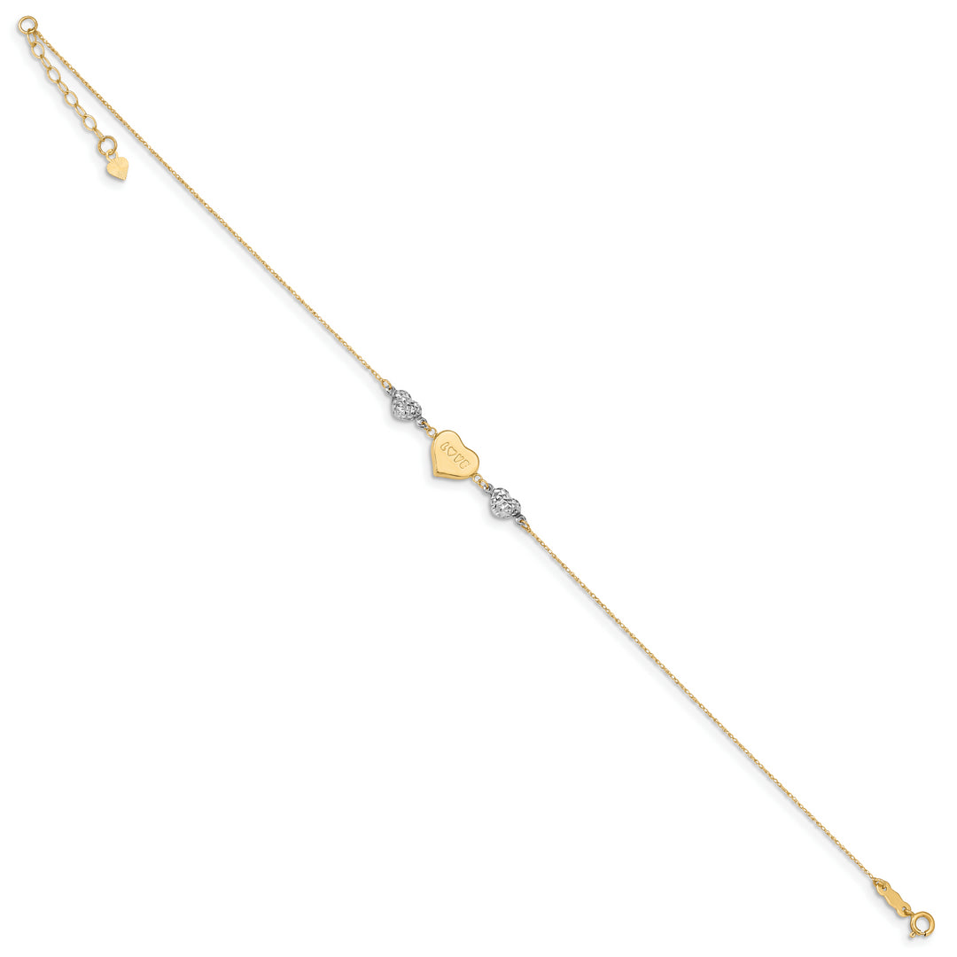 Tobillera LOVE de Corazón Inflado con Corte Diamante en Oro Bicolor de 14k de 9 Pulgadas más 1 Pulgada de Extensión