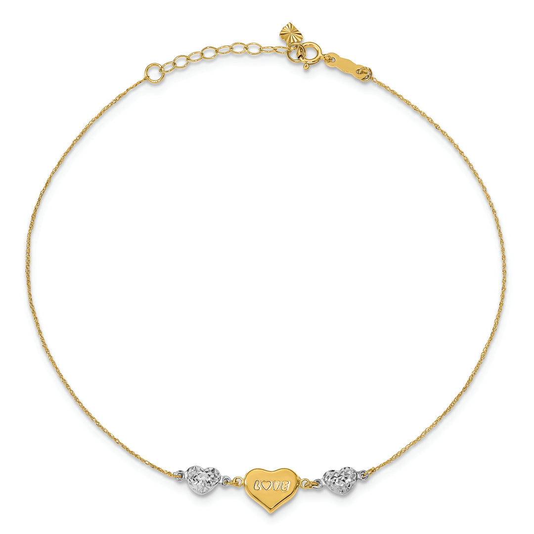 Tobillera LOVE de Corazón Inflado con Corte Diamante en Oro Bicolor de 14k de 9 Pulgadas más 1 Pulgada de Extensión