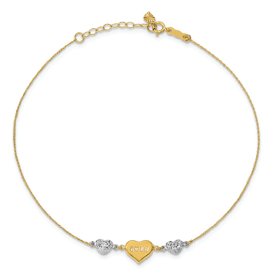 Tobillera LOVE de Corazón Inflado con Corte Diamante en Oro Bicolor de 14k de 9 Pulgadas más 1 Pulgada de Extensión