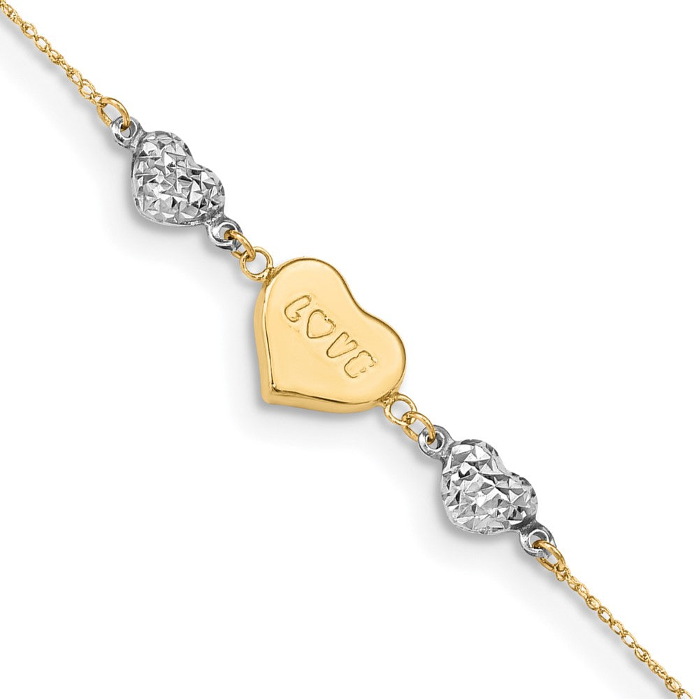 Tobillera LOVE de Corazón Inflado con Corte Diamante en Oro Bicolor de 14k de 9 Pulgadas más 1 Pulgada de Extensión