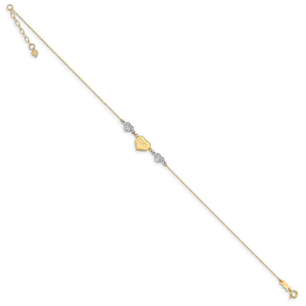 Tobillera MOM de Corazones Inflados con Talla Diamante en Oro Bicolor de 14k con 10 Pulgadas más 1 Pulgada de Extensión