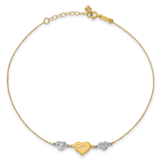 Tobillera MOM de Corazones Inflados con Talla Diamante en Oro Bicolor de 14k con 10 Pulgadas más 1 Pulgada de Extensión