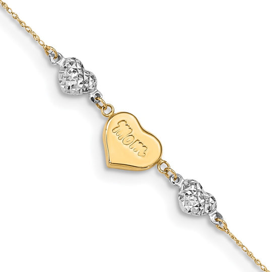 Tobillera MOM de Corazones Inflados con Talla Diamante en Oro Bicolor de 14k con 10 Pulgadas más 1 Pulgada de Extensión