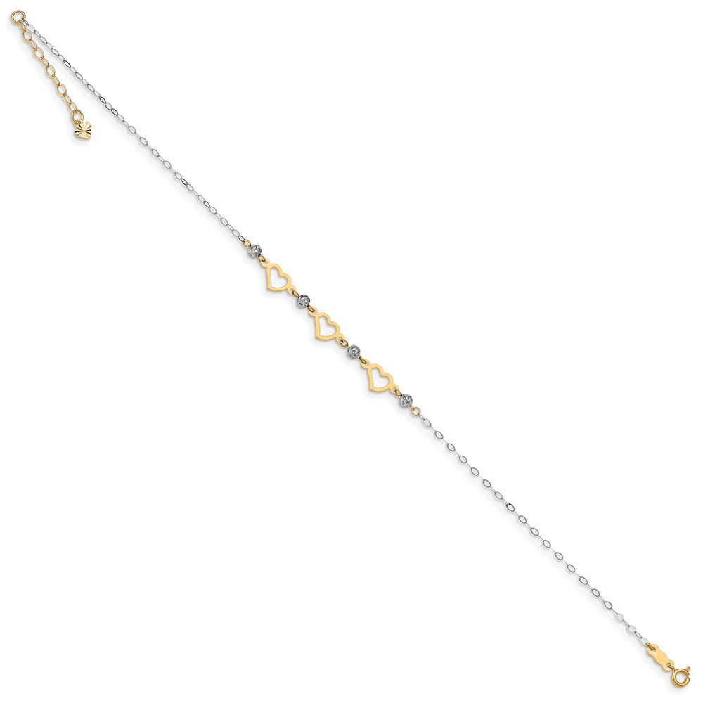 Tobillera con Eslabones Ovalados en Oro Bicolor de 14k con Cuentas de Talla Diamante y Corazón de 9 pulgadas más 1 pulgada de extensión