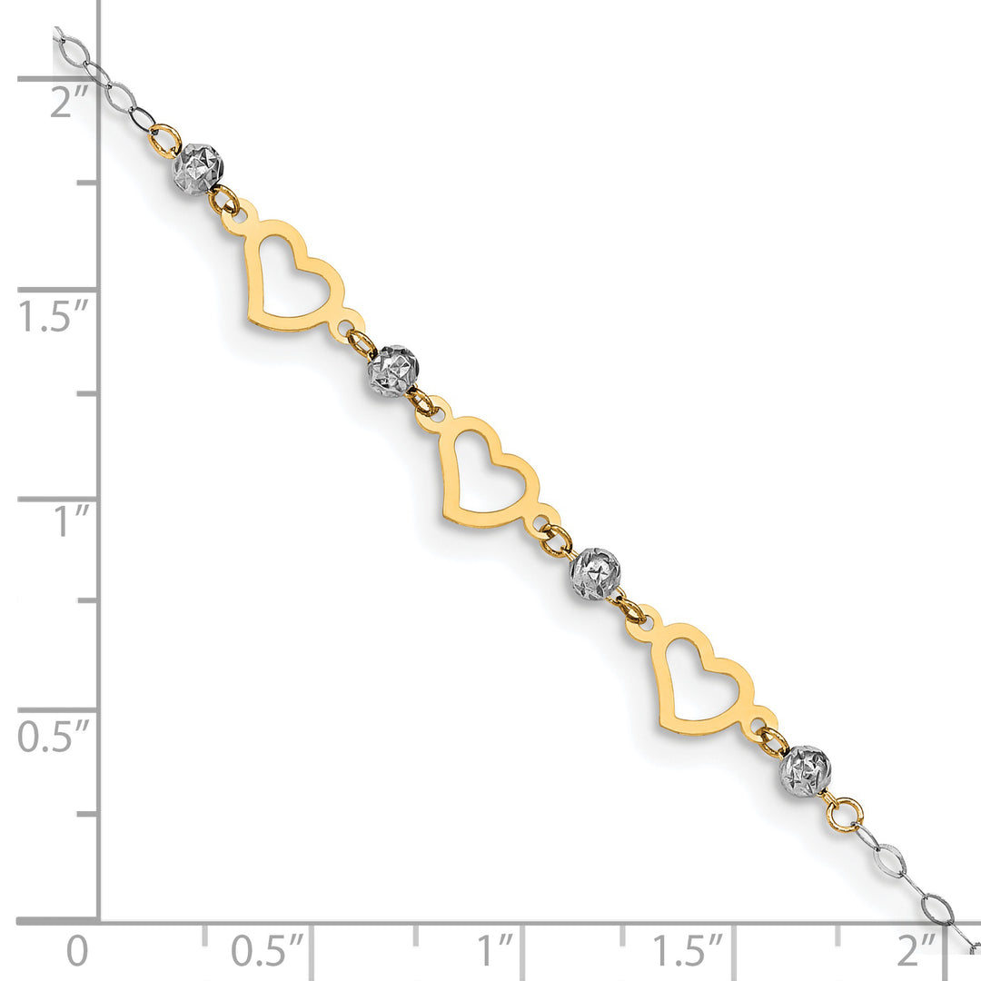 Tobillera con Eslabones Ovalados en Oro Bicolor de 14k con Cuentas de Talla Diamante y Corazón de 9 pulgadas más 1 pulgada de extensión